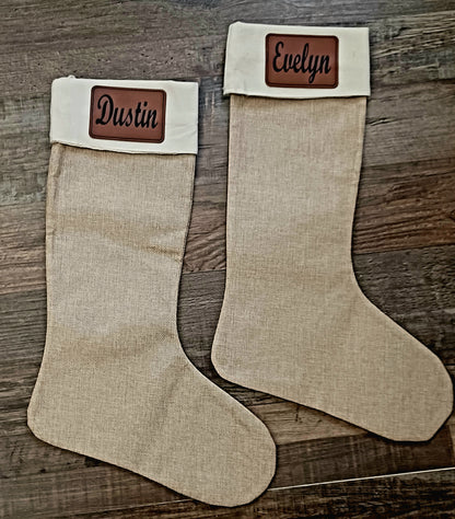 Personalized Stocking with Engraved Patch-Burlap/Jute